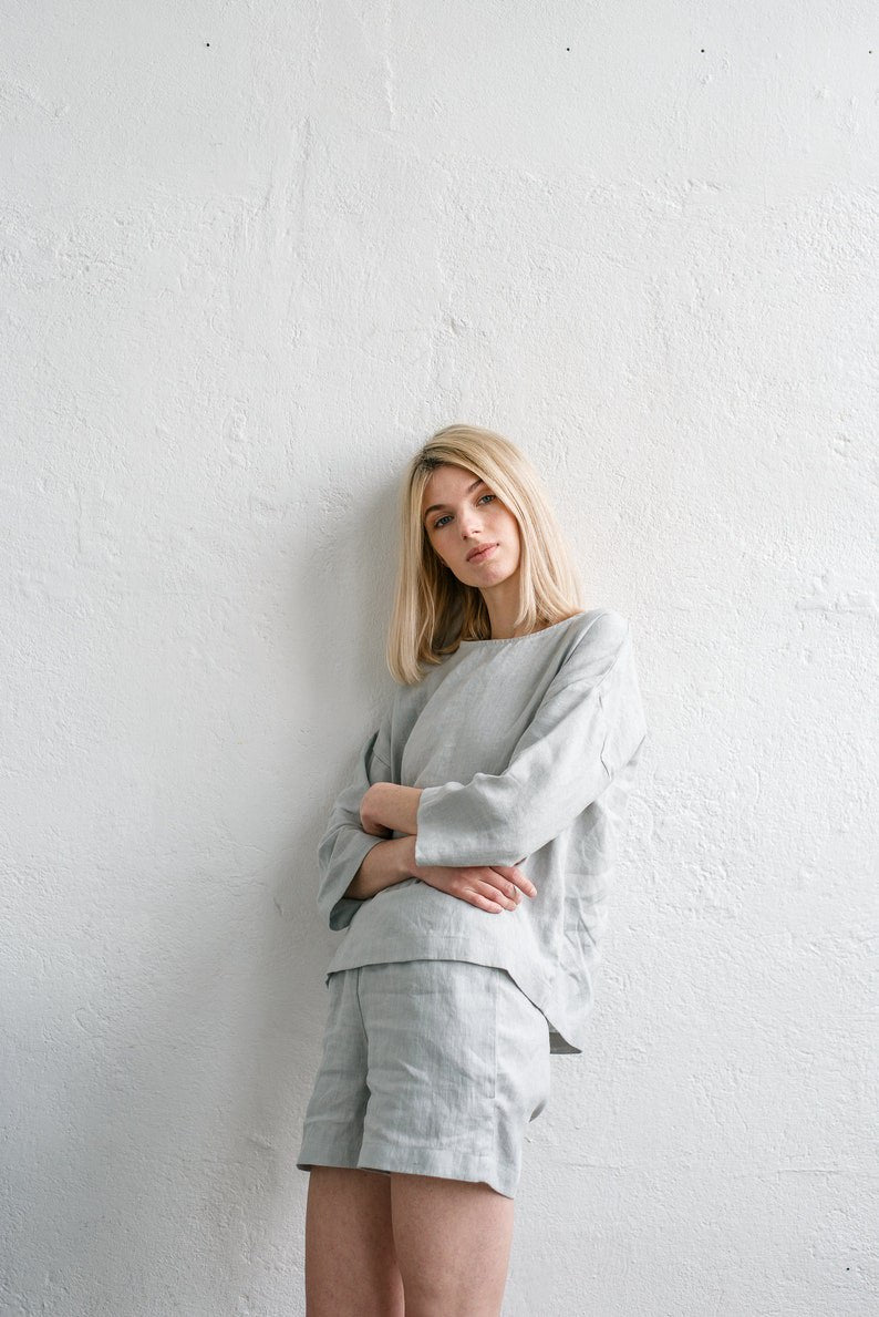 Linen Kimono Shirt / Drop Shoulder Shirt / Linen Pajamas / Linen Pajama Set / Linen Shorts / Linen Summer Tops .