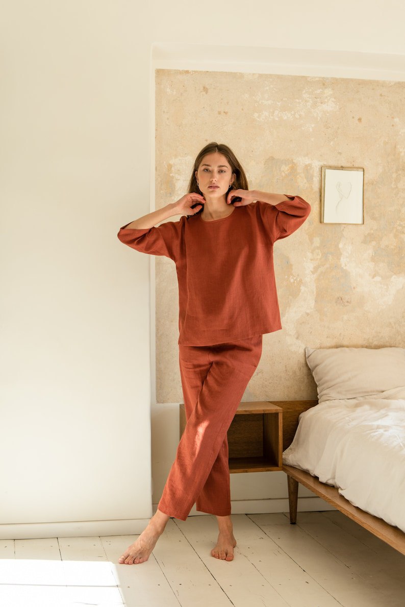 Linen pajamas/ Long-sleeved pajamas/ Linen pajamas/ Linen pajamas sets/ Drop shoulder tops/ Loose linen shirts/