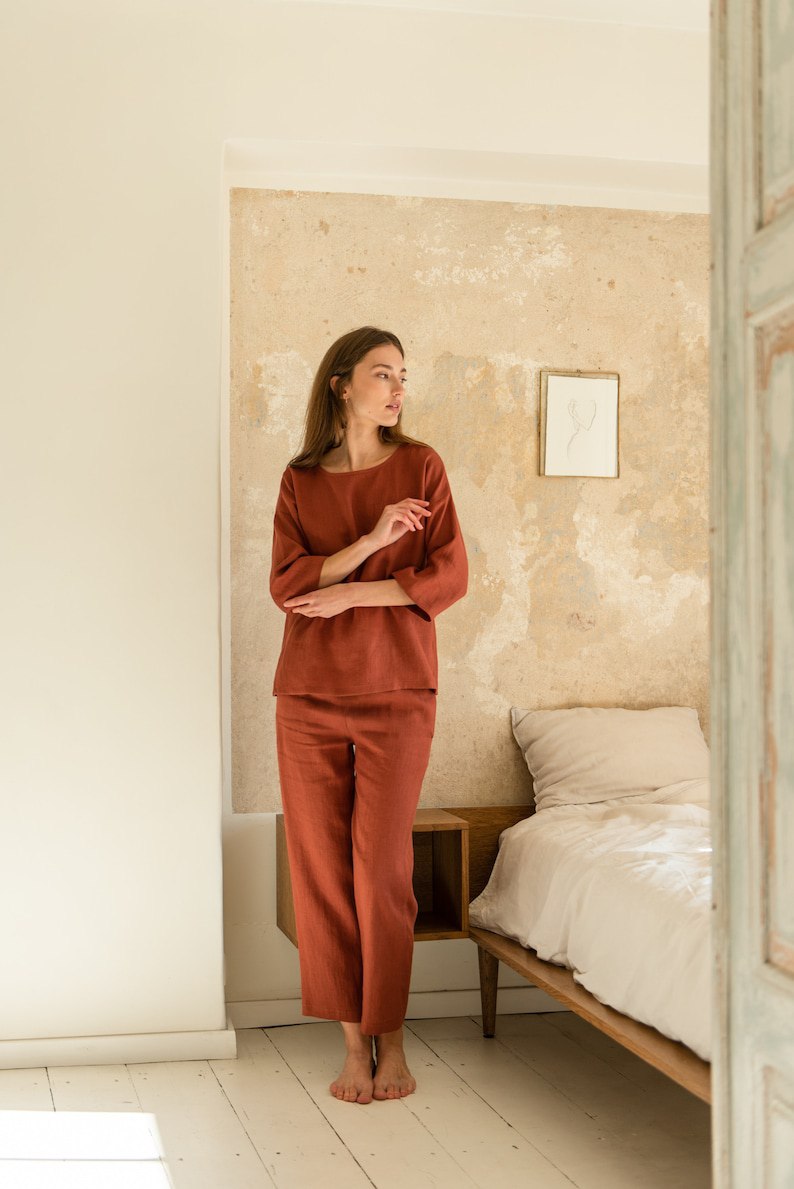 Linen pajamas/ Long-sleeved pajamas/ Linen pajamas/ Linen pajamas sets/ Drop shoulder tops/ Loose linen shirts/