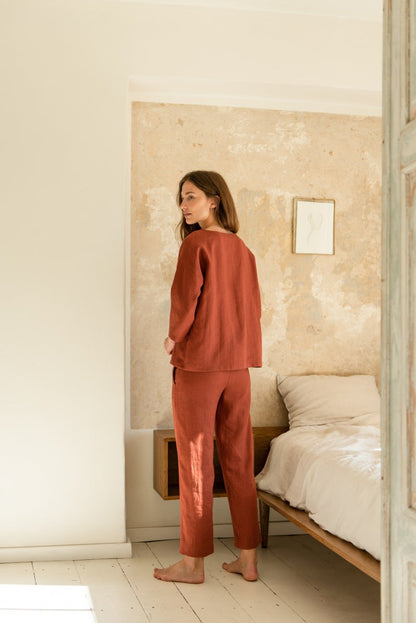 Linen pajamas/ Long-sleeved pajamas/ Linen pajamas/ Linen pajamas sets/ Drop shoulder tops/ Loose linen shirts/