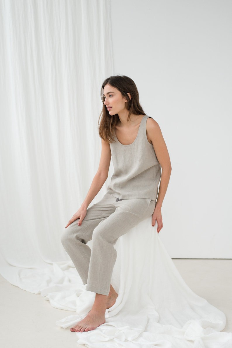 Linen sleeveless top/ Linen pajama set/ Linen pants/ Linen nightwear/ Organic sleepwear/ Linen blouse/ UMA sleeveless top and EVA pants