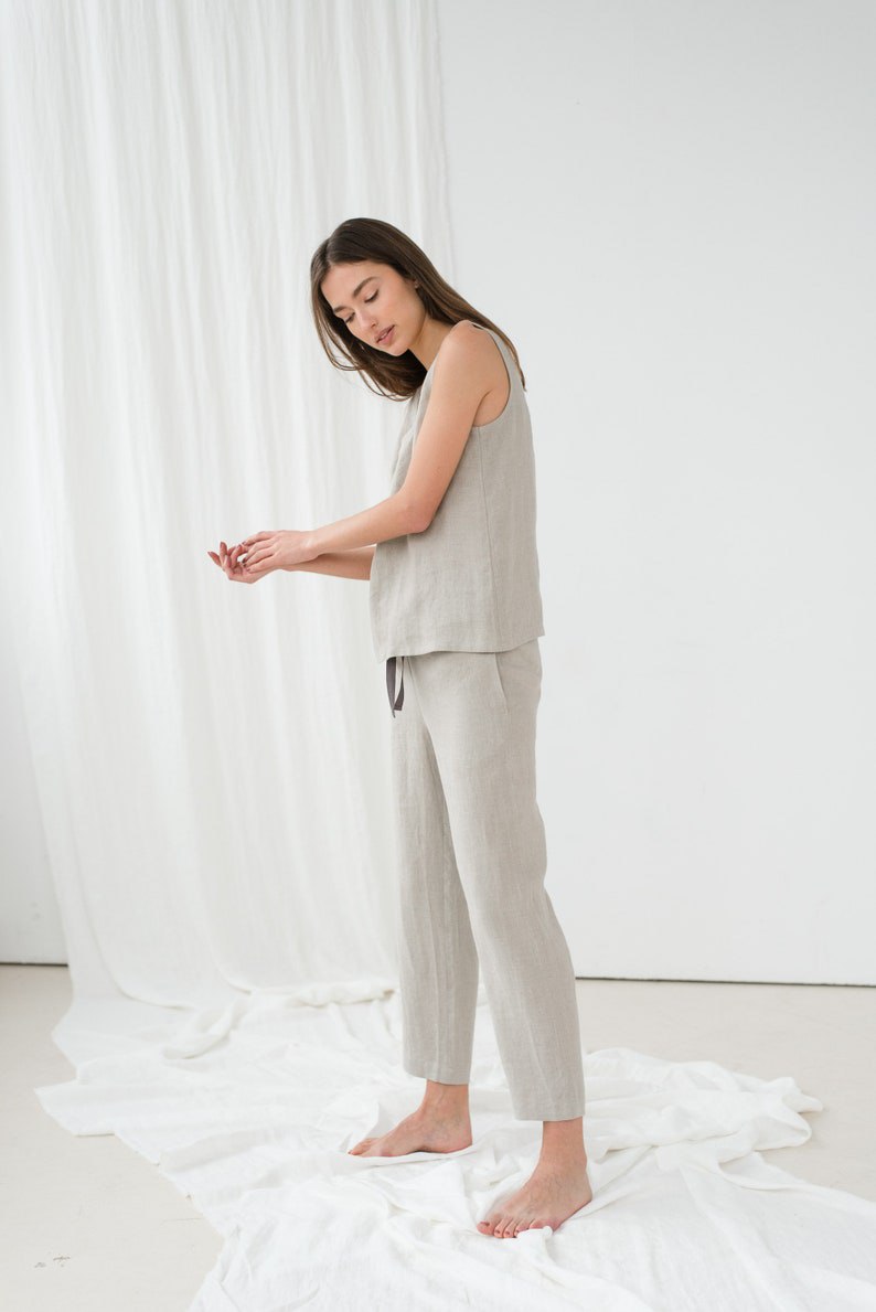 Linen sleeveless top/ Linen pajama set/ Linen pants/ Linen nightwear/ Organic sleepwear/ Linen blouse/ UMA sleeveless top and EVA pants