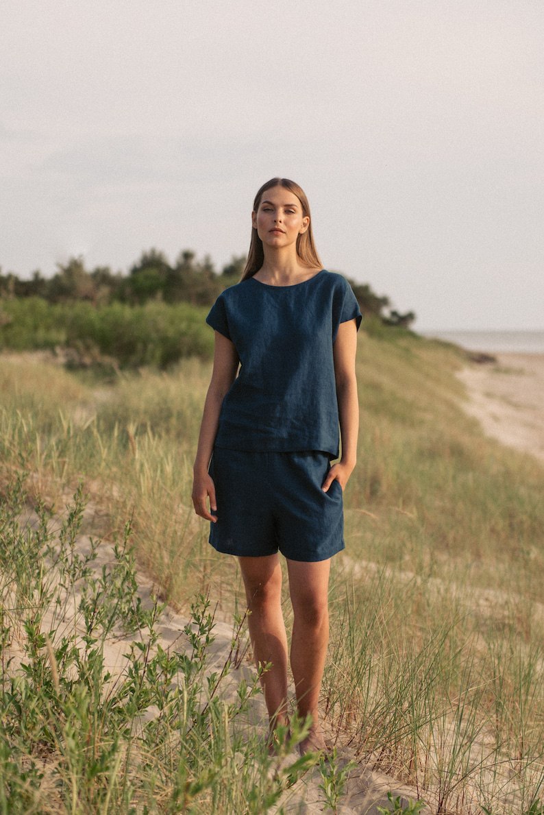 Women's Linen 2 Piece Set - Navy Beach Top and Shorts Set - Resort Wear - Summer Wear - Lounge Wear Sets - Tops Shorts