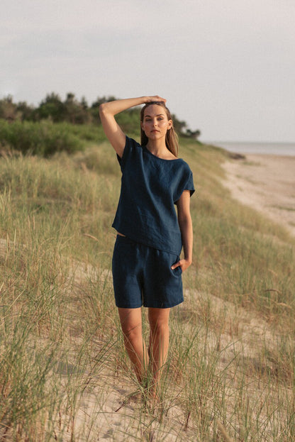 Women's Linen 2 Piece Set - Navy Beach Top and Shorts Set - Resort Wear - Summer Wear - Lounge Wear Sets - Tops Shorts