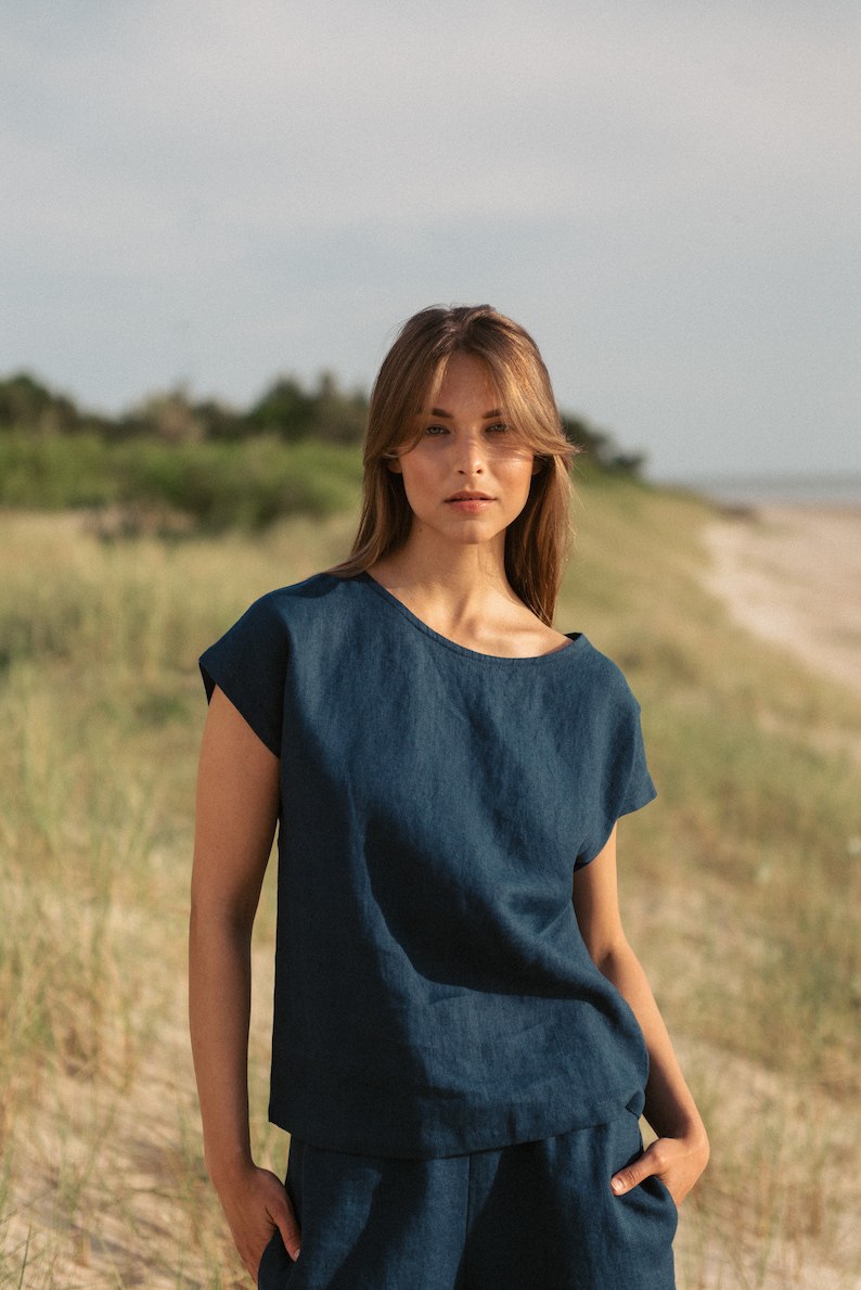 Women's Linen 2 Piece Set - Navy Beach Top and Shorts Set - Resort Wear - Summer Wear - Lounge Wear Sets - Tops Shorts