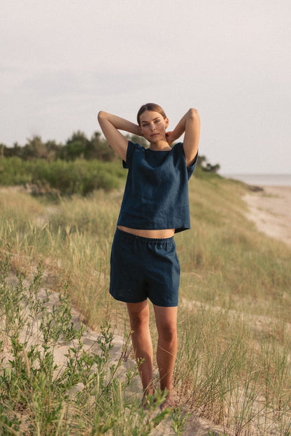 Women's Linen 2 Piece Set - Navy Beach Top and Shorts Set - Resort Wear - Summer Wear - Lounge Wear Sets - Tops Shorts