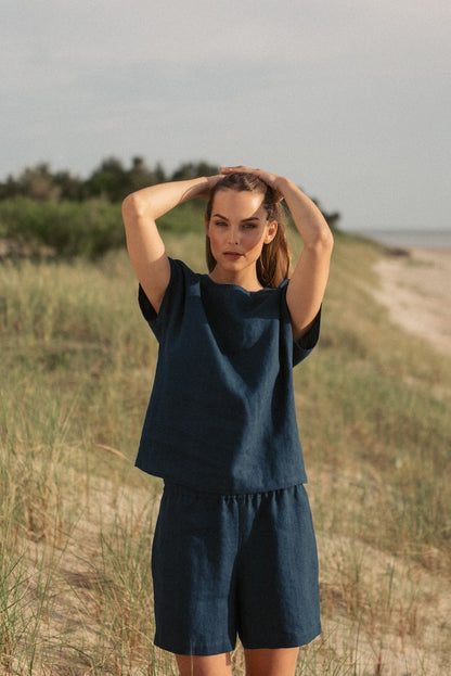 Women's Linen 2 Piece Set - Navy Beach Top and Shorts Set - Resort Wear - Summer Wear - Lounge Wear Sets - Tops Shorts