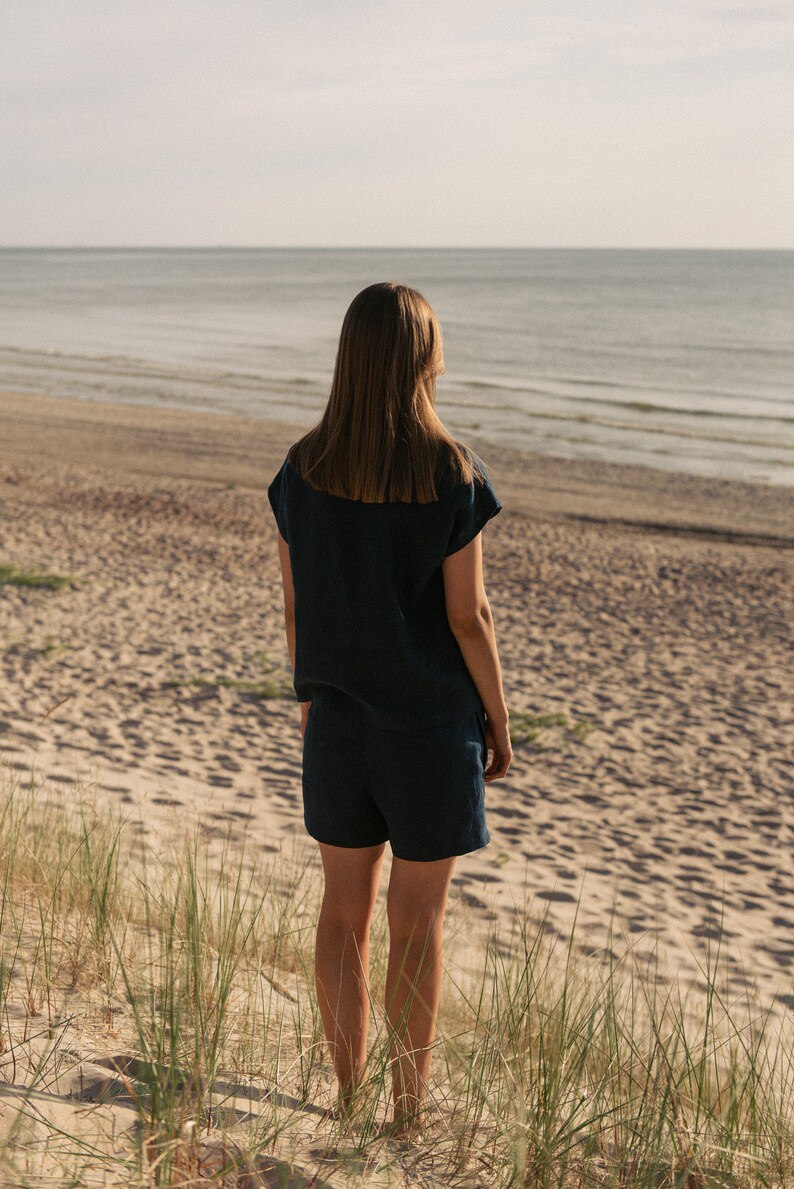 Women's Linen 2 Piece Set - Navy Beach Top and Shorts Set - Resort Wear - Summer Wear - Lounge Wear Sets - Tops Shorts